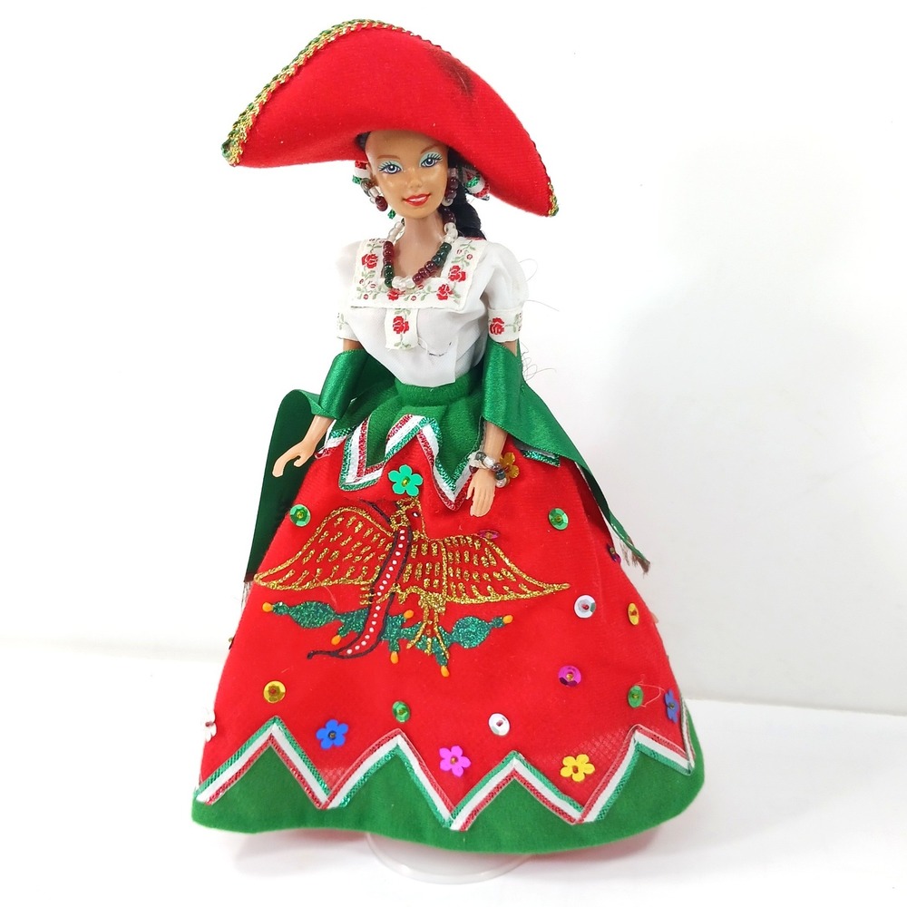 Mexican Folk Art China Poblana Souvenir Doll Puebla Red Green White 12 Inch